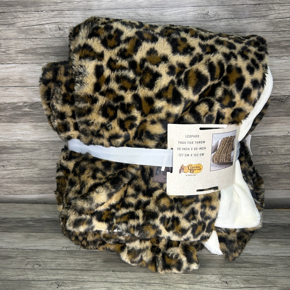 Cracker Barrel Leopard Print Faux Fur Throw Blanket Brown Beige 50x60